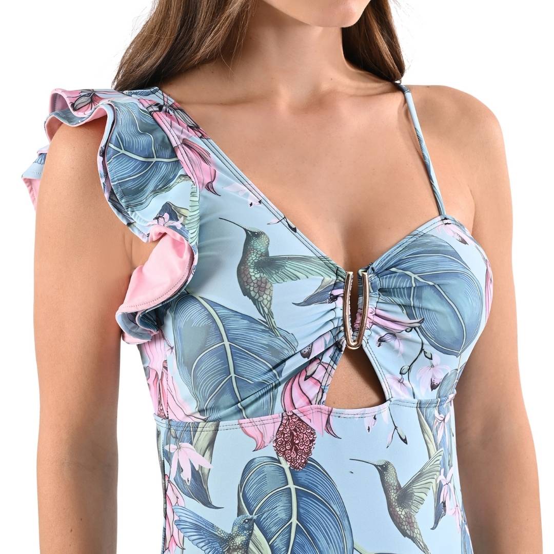 Conjunto de traje de baño entero azul con colibríes