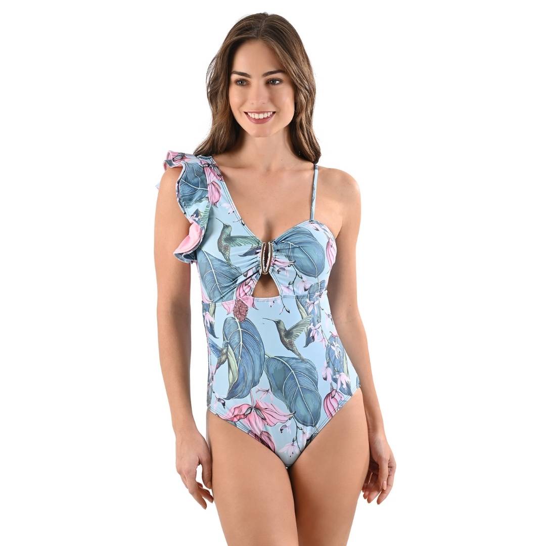 Conjunto de traje de baño entero azul con colibríes