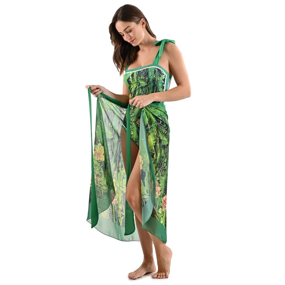 Conjunto traje de baño entero verde floreado con pareo