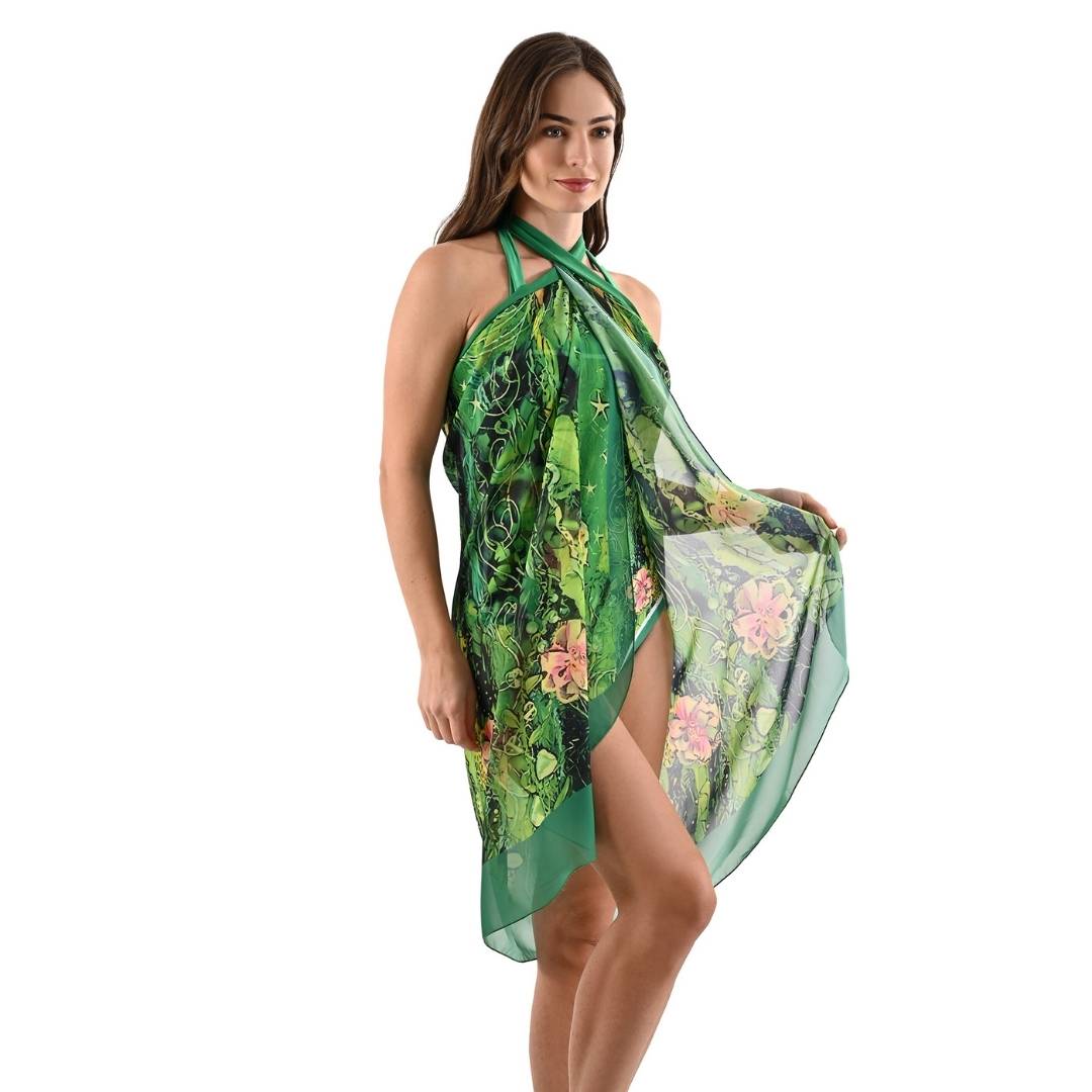 Conjunto traje de baño entero verde floreado con pareo