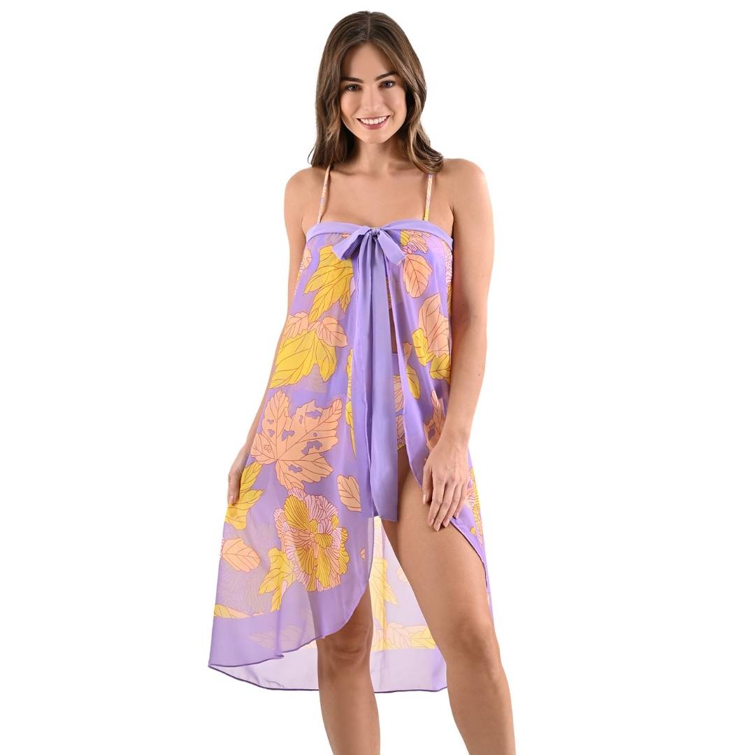 Conjunto de traje de baño entero morado con hojas amarillas