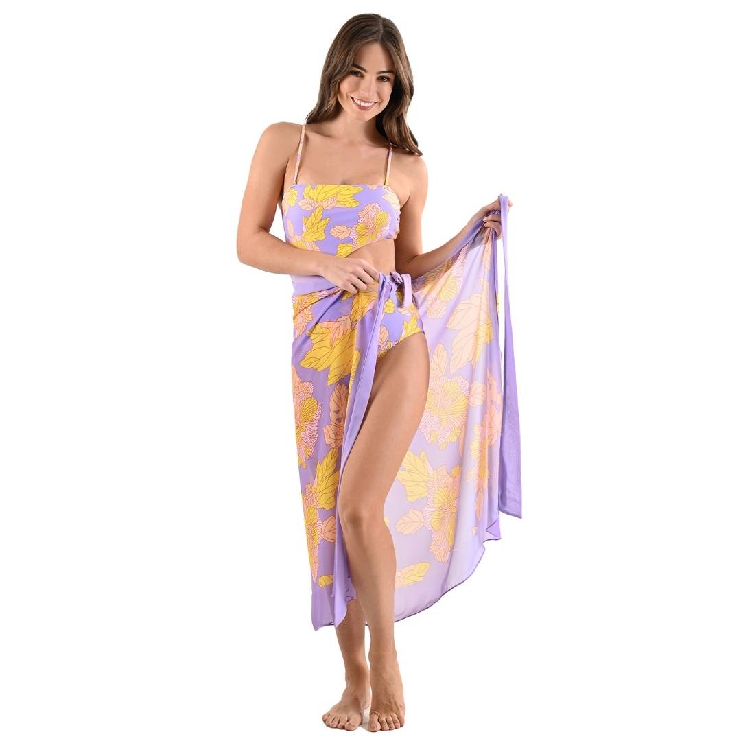 Conjunto de traje de baño entero morado con hojas amarillas