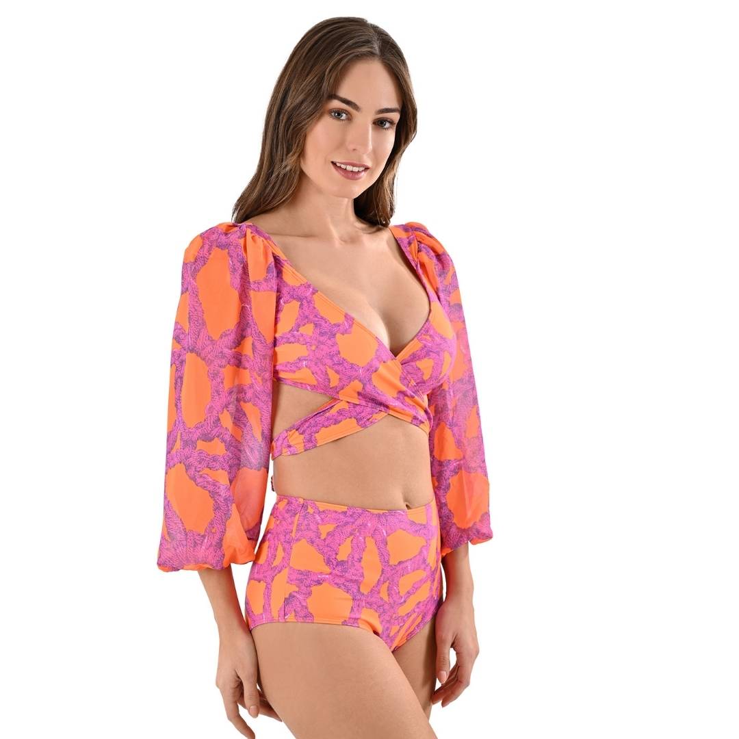 Bikini cruzado color naranja y morado con mangas