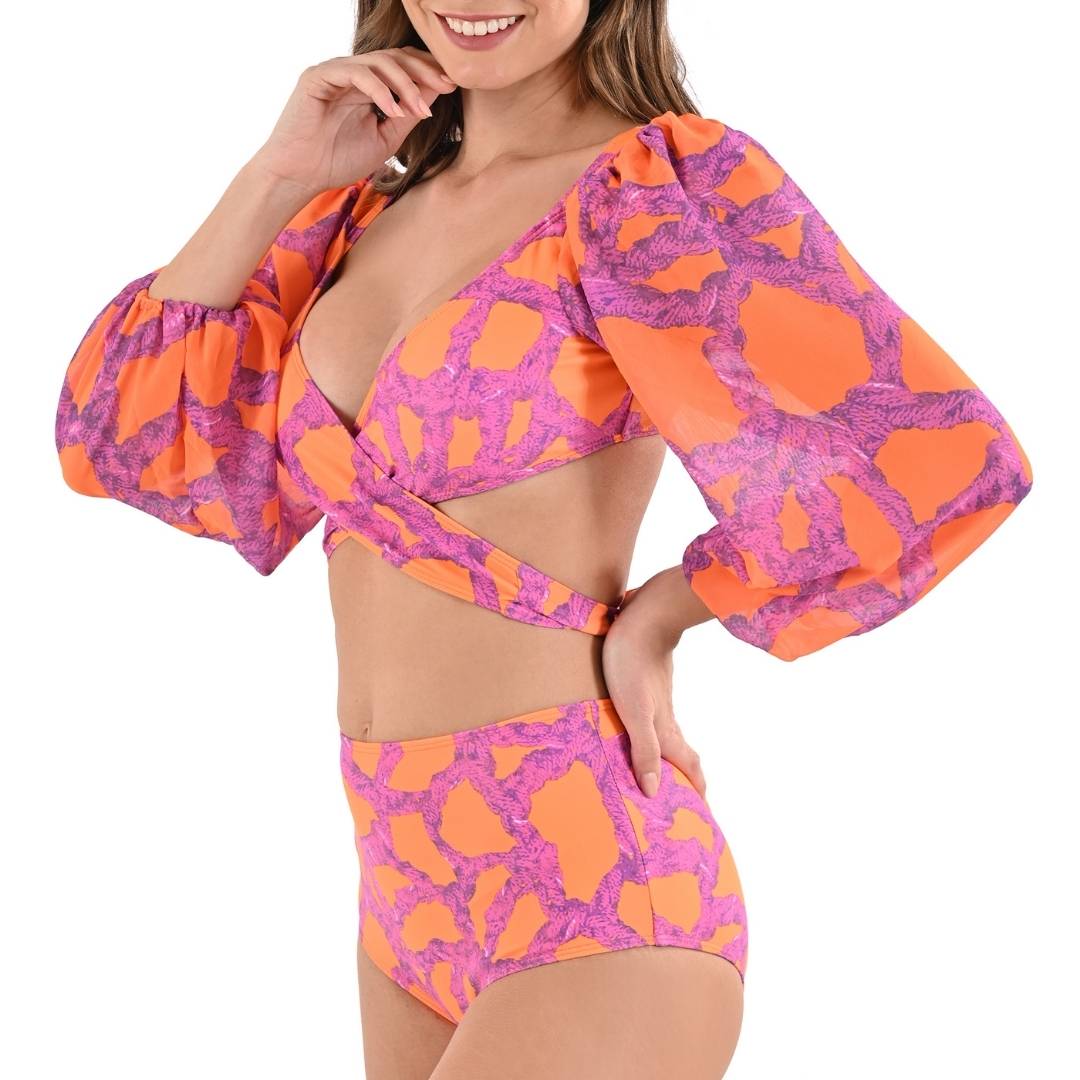 Bikini cruzado color naranja y morado con mangas