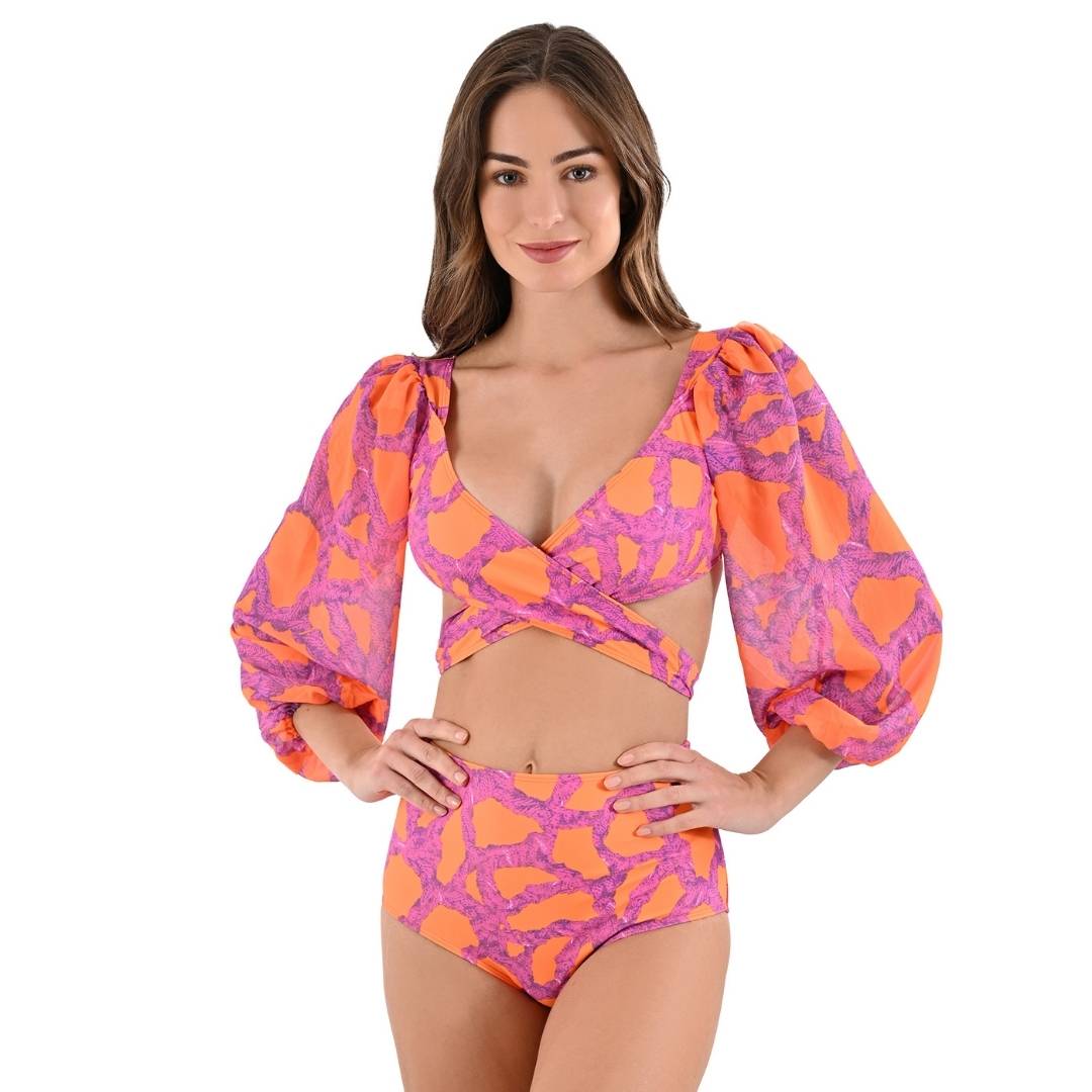Bikini cruzado color naranja y morado con mangas