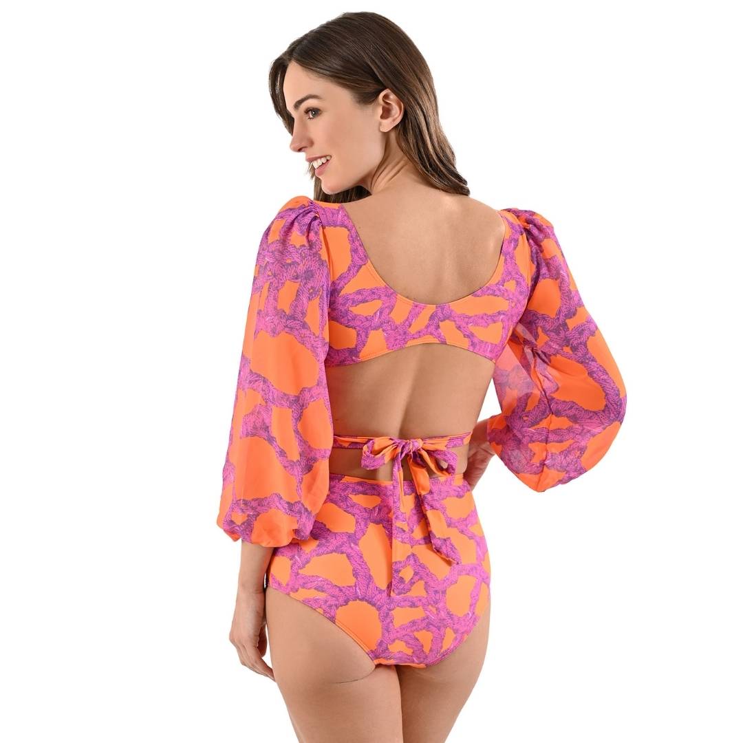 Bikini cruzado color naranja y morado con mangas