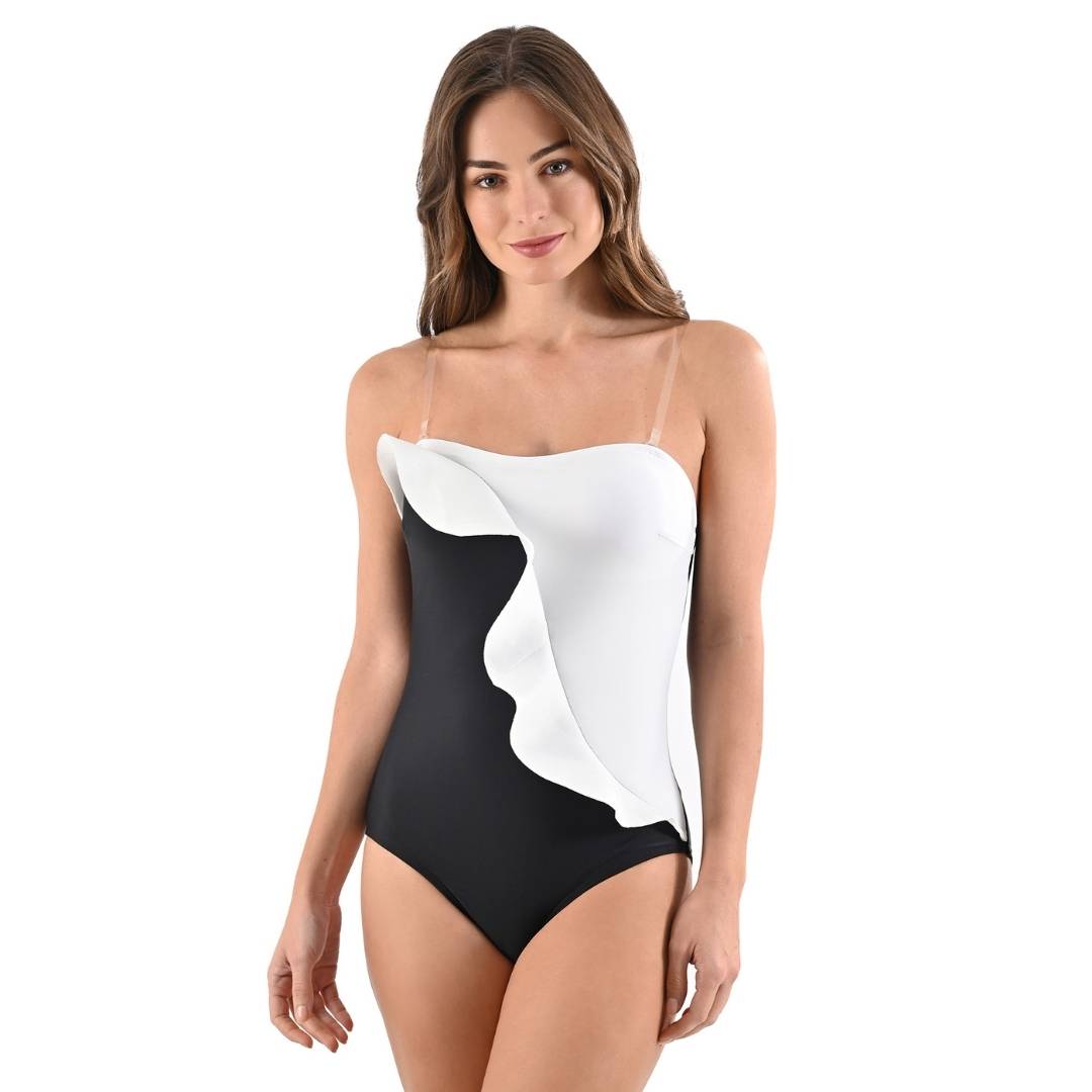 Traje de baño entero clásico negro con blanco