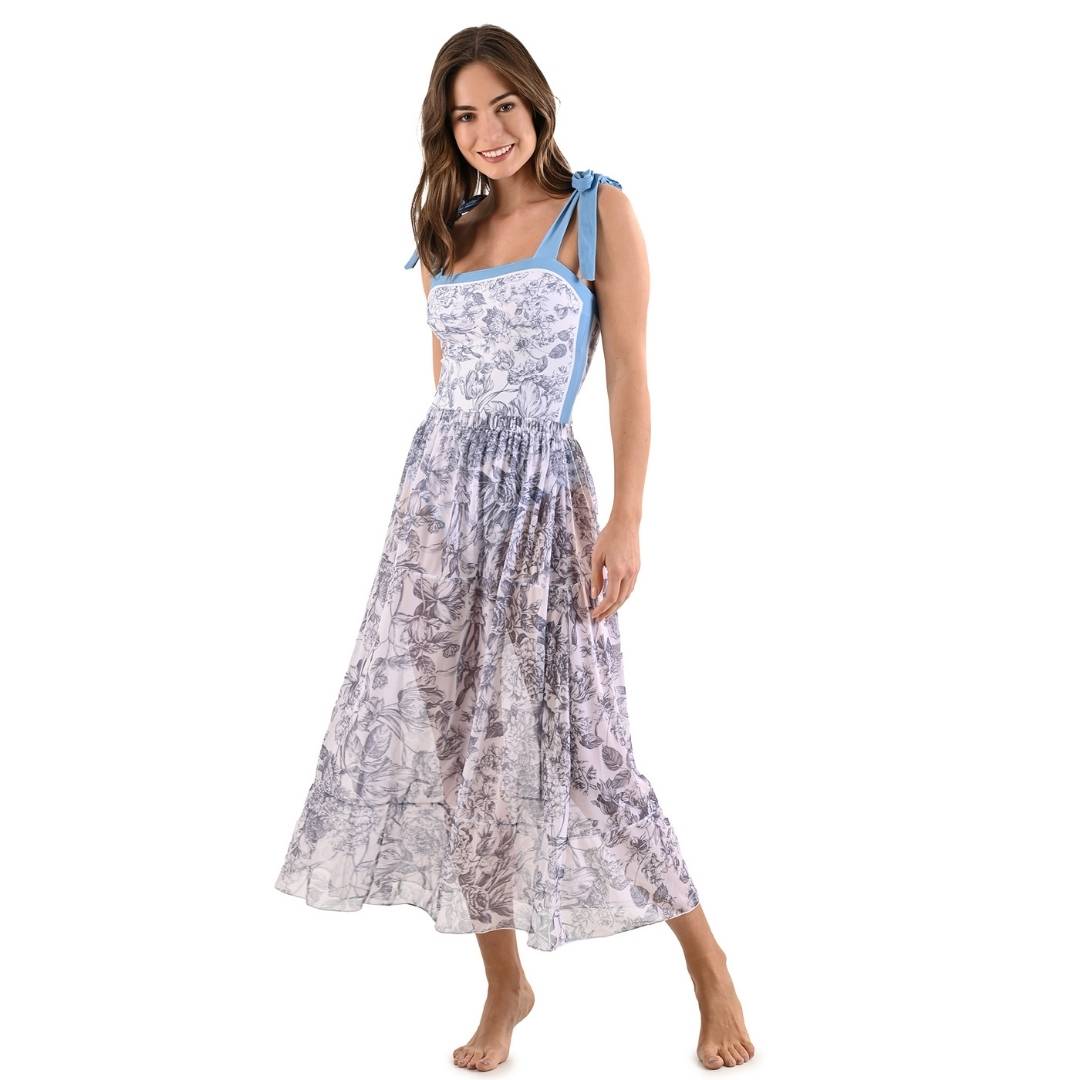 Traje de baño azul y blanco reversible con falda