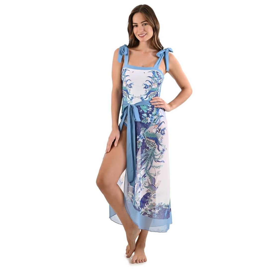Traje de baño azul y blanco reversible con pareo
