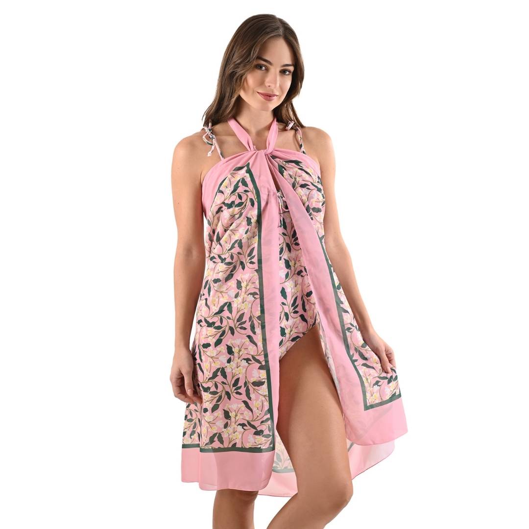 Conjunto de traje de baño entero rosa floreado con pareo